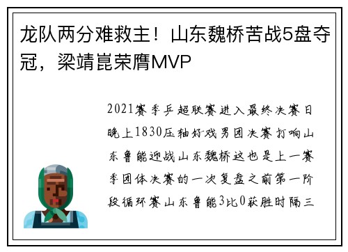 龙队两分难救主！山东魏桥苦战5盘夺冠，梁靖崑荣膺MVP